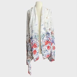 Vintage y2k Cottage Core White Water Color Floral Scarf‎ Wrap Gold thread